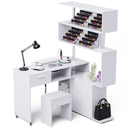 Kikihouse Manicure Table Nail Desk with Dust Collector, L-Shaped Nail Tech Desk with Stool, Two-Way Drawer, Cabinet & Storage Shelves, Rotating Reversible Manicure Workstation on Wheels (White) - color: White