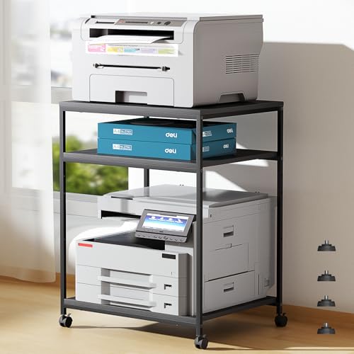 Large Printer Stand with Wheels, 3 Tier Printer Table for Home Office, Rolling Printer Cart with Adjustable Storage Shelf for Shredder Scanner Fax (Black) - color: Black