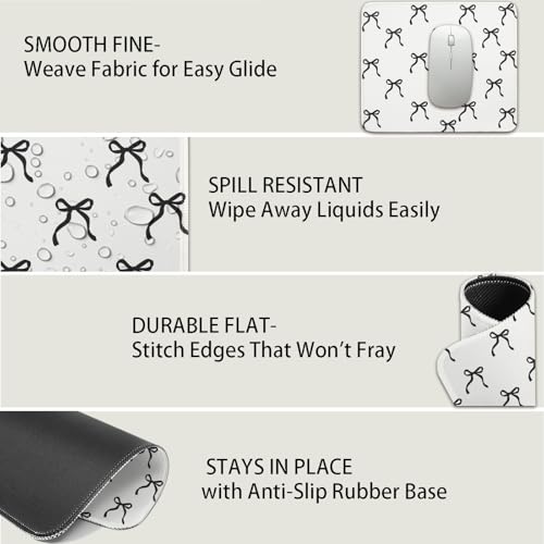 Mouse Pad for Desk with Stitched Edge, Premium Cute Washable Mouse Pads. Computer Mousepad with Non-Slip Rubber Base, Mousepads for Laptop, 9.25x7.75x0.12 inch (Black Bow) - color: Black Bow