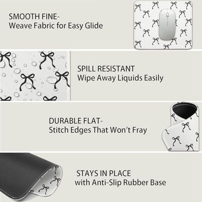 Mouse Pad for Desk with Stitched Edge, Premium Cute Washable Mouse Pads. Computer Mousepad with Non-Slip Rubber Base, Mousepads for Laptop, 9.25x7.75x0.12 inch (Black Bow) - color: Black Bow
