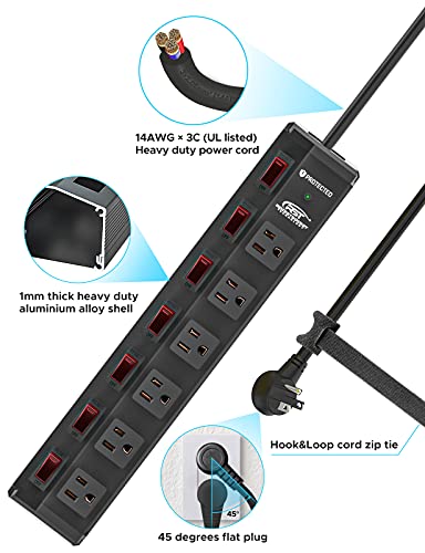 CRST 6-Outlet Metal Power Strip with Individual Switches, 15A/1875W, 6FT - color: Black, size: 6FT