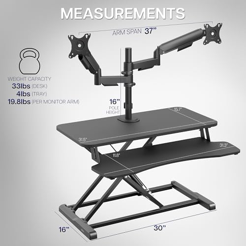 VIVO Black 32 inch Desk Riser with Monitor Mount, DESK-KIT-0K2K | Standing Desk Converter with Dual Monitor Mount for up to 32 inch Screens, Height Adjustable Riser, Mechanical Spring Arms - size: 32"