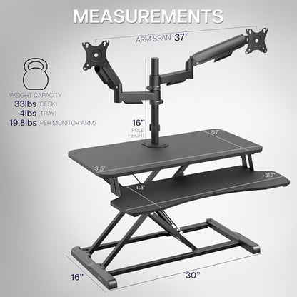 VIVO Black 32 inch Desk Riser with Monitor Mount, DESK-KIT-0K2K | Standing Desk Converter with Dual Monitor Mount for up to 32 inch Screens, Height Adjustable Riser, Mechanical Spring Arms - size: 32"