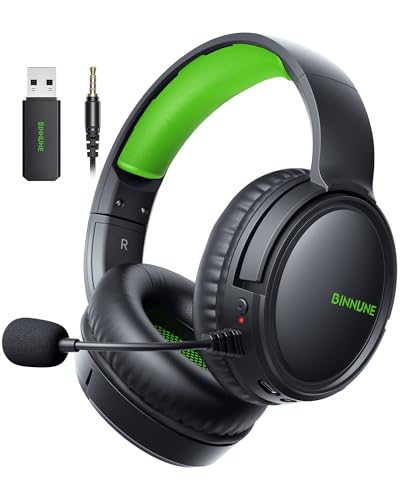 BINNUNE Wireless Gaming Headset — 2.4GHz Low-Latency USB Dongle + Bluetooth, 50mm Drivers 7.1 Surround, Noise-Cancelling Mic, 40H Battery — Over Ear Wireless Headphones for PS5, PC, Laptop, Green - color: Green
