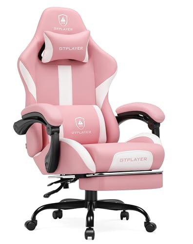 GTPLAYER Gaming Chair with Foot Rest & Pocket Spring Cushion, Ergonomic High Back Computer Chair with Headrest & 360°-Swivel Seat for Home Office Desk, PU Leather, Pink - color: Pink, size: Faux Leather