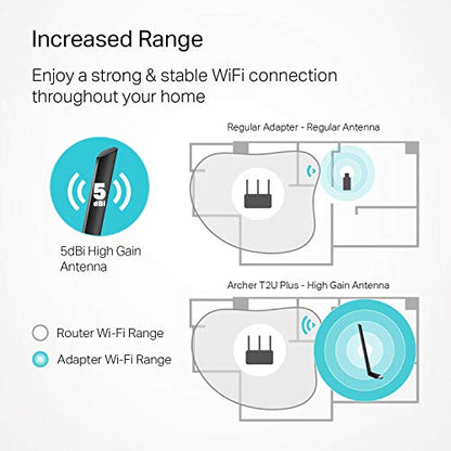 TP-Link AC600 USB WiFi Adapter for Desktop PC - USB Wireless Adapter for PC | WiFi dongle for PC with 2.4GHz, 5GHz High Gain Dual Band 5dBi Antenna, Supports Win11/10/8.1/8/7/XP, Black (Archer T2U Plus) - size: AC600, WiFi 5