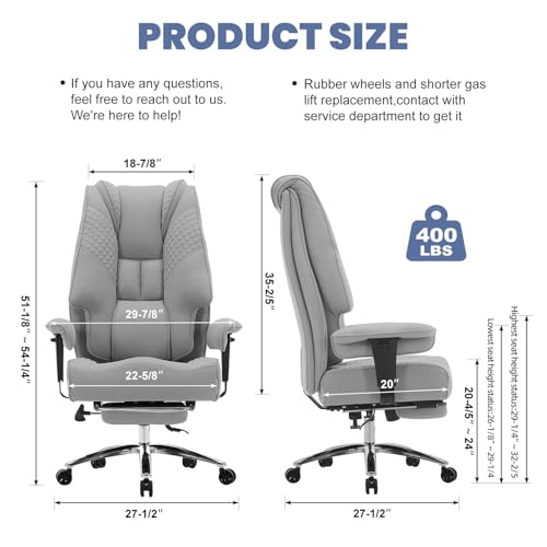 EXCEBET Big and Tall Executive Office Chair 400lbs Wide Seat, Mesh Grey | Wide seat, Retractable footrest, 135° recline, Lumbar support, Breathable mesh,Ergonomic high back for lower back pain relief - color: Mesh Dove Grey