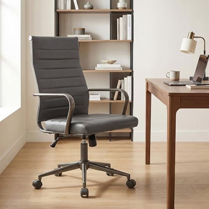 Okeysen Leather Office Desk Chair, Ergonomic Mid Century Modern Conference Room Chairs, Executive Ribbed Height Adjustable Swivel Rolling Chair for Home Office. - color: Metal