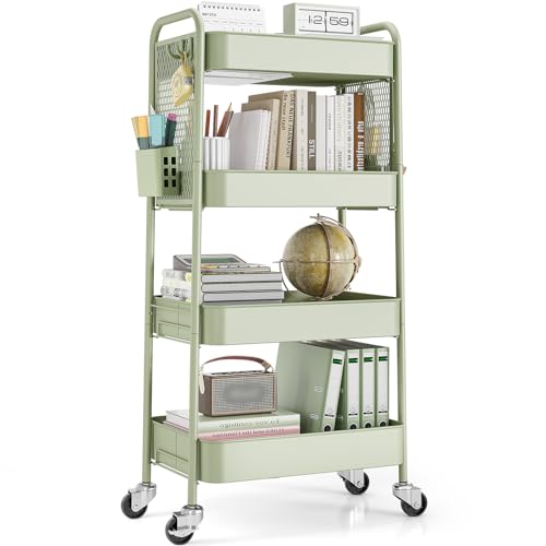 TOOLF 4 Tier Rolling Cart, Metal Utility Storage Cart with Pegboard, Green | 2 Bins & 4 Hooks, Screwless Assembly, Lockable Wheels, Trolley Organizer for Bathroom, Kitchen, Office, Dorm, Craft Room - color: Green, size: 4-Tier