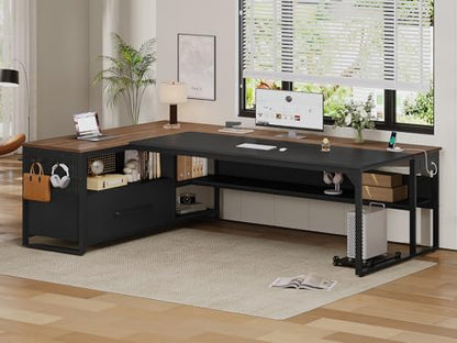 UPOSOJA 71" Executive Desk, L Shaped Office Desk with Widen File Drawers - color: Walnut, size: Widen Drawer