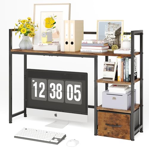 Desk Shelf with Drawer, 41.3" Desktop Organizer Shelf, Desk Hutch for Computer Monitor Max 32", 3 Tier Desktop Display Rack, Wooden Desk Top Bookshelf Storage Rack for Home Office Dorm, Rustic Brown - color: Rustic Brown