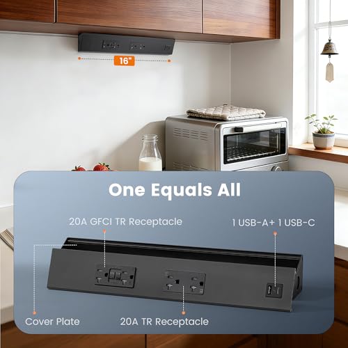 SURAIELEC 2-Pack 16 in Under Cabinet Power Strip with GFCI Outlet, Black - color: Black, size: 2 Pack