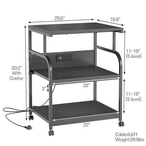 VECELO Large Printer Stand with Power Outlet, 3-Tier Rolling Cart with Adjustable Shelf & Lockable Wheels, Heavy Duty Utility Table for Home Office, 18.9"x23.6"x30.2", Black