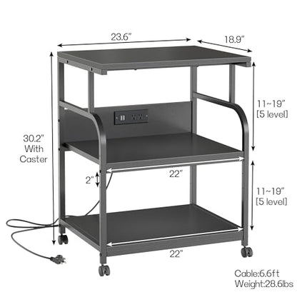 VECELO Large Printer Stand with Power Outlet, 3-Tier Rolling Cart with Adjustable Shelf & Lockable Wheels, Heavy Duty Utility Table for Home Office, 18.9"x23.6"x30.2", Black