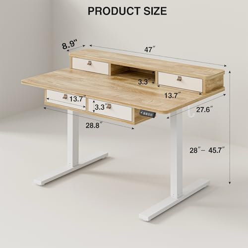 Grandder Electric Standing Desk with Four Drawers, Sit to Stand Up Height Adjustable Desk with Storage Shelf for Home Office, 47 * 28 Inch, Study, Ergonomic Adjustable Computer Desk, Oak - color: Oak With 4 Drawers, size: 47 Inch