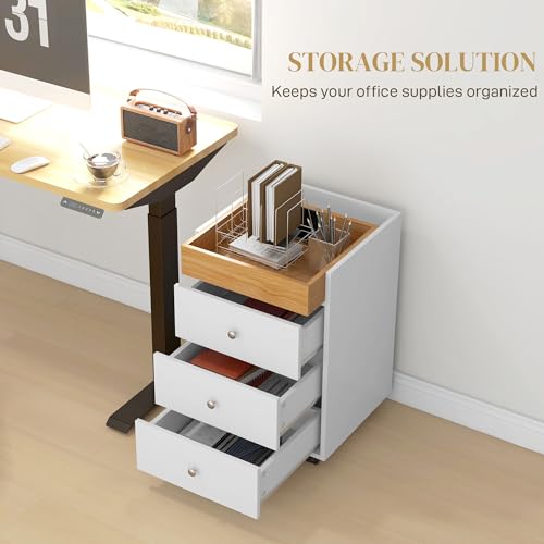 HOMCOM 3 Drawer Home Office Storage Cabinet, Office Drawer on Wheels, White | Removable Tray, Under Desk Printer Stand with Storage