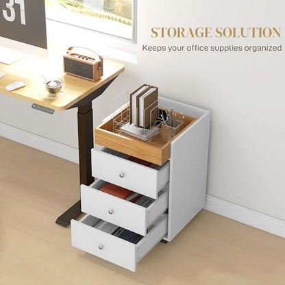 HOMCOM 3 Drawer Home Office Storage Cabinet, Office Drawer on Wheels, White | Removable Tray, Under Desk Printer Stand with Storage