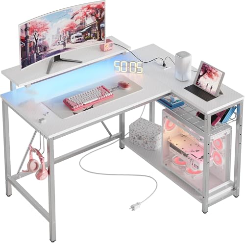 Bestier 42-Inch L-Shaped Computer Desk with Charging & LED, White | Charging 2AC+USB+Type-C, RGB LED 7 Colors/22 Modes, Reversible Storage Shelves, Headphone Hook, Small Space, 42x31.5 in - color: White Carbon Fiber, size: 42 Inch
