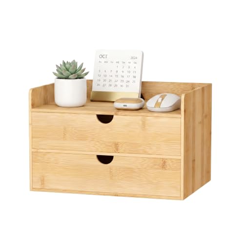 Bamboo Desk Organizer with Drawers, Desktop Storage for Office Supplies | 2 Drawers Desktop organizer, No Assembly Required, Natural Wood Wooden Desktop Drawers Box for Bills, Cosmetics, Seals, Paper - color: Nature-2C, size: 12.2"L x 8.66"W x 7.09"H