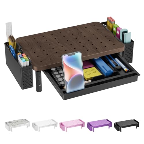 WALI Computer Monitor Stand with Storage and Pen Holder | 3 Height Adjustable Desk Organizer with Drawer, Desk Laptop Monitor Riser for Computer, Printer(PTT003-C), 1 Pack, Brown - color: Brown, size: 14.6"L * 9.3"W,11" 1 Drawer, 2 Pen Holder