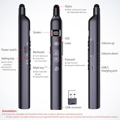 N21 Bluetooth Presentation Clicker for PowerPoint with Retractable Pointer | ①Laser Pointer②Telescopic touch pen③Countdown timer, vibration alert ④Customizable Button ⑤Rechargeable;battery level display - color: Black - Green Pointer