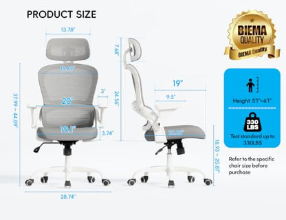 TRALT Office Chair - Ergonomic Desk Chair with Headrest Support for Adults | Home Office Desk Chair with Lumbar Support - Ergonomic Mesh Chairs 330 lb Wide Seat with Headrest, Comfy Desk Chair(Grey) - color: Grey