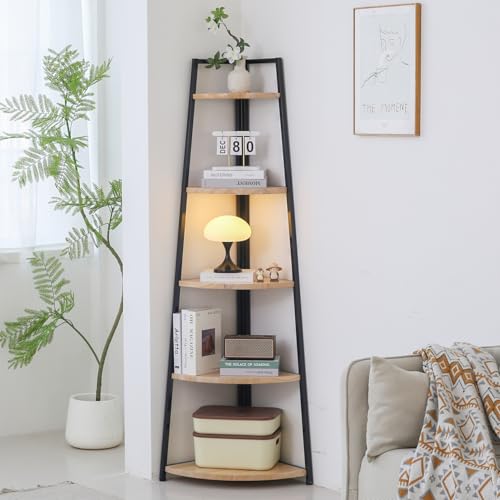 5 Tier Tall Corner Shelf,70 inch Solid Wood Rustic Corner Bookshelf Bookcase Industrial Ladder Shelf,Display Wooden Plant Stand Shelving Unit Shelf for Living Room,Kitchen,Home Office (Natural finish) - color: Natural Finish