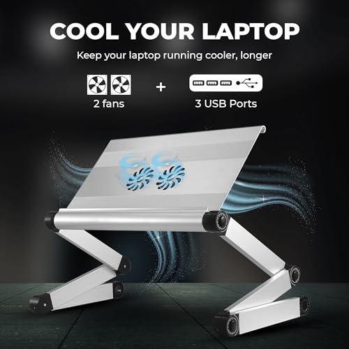 WorkEZ Cooling Adjustable Laptop Stand for Desk w/Fan USB Ports Mouse Pad Ergonomic Foldable Laptop Stand Riser Portable Computer Holder, Silver | WorkEZ Cool. Adjustable computer stand for laptop and foldable laptop table for bed or sofa, holds up to 15.