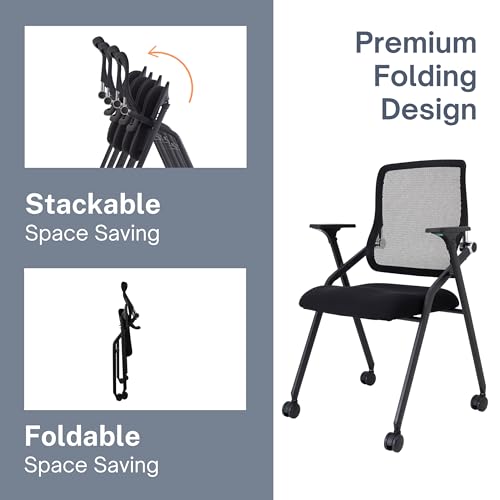 Updated Conference Room Chairs, Folding Office Desk Chair with Lumbar Support and Sliding Armrest with Casters, Stackable Office Guest Chairs & Reception Chairs, 1 Pack Black - color: Black, size: 1 Pack
