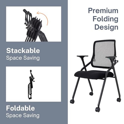 Updated Conference Room Chairs, Folding Office Desk Chair with Lumbar Support and Sliding Armrest with Casters, Stackable Office Guest Chairs & Reception Chairs, 20 Pack Black - color: Black, size: 20 Pack