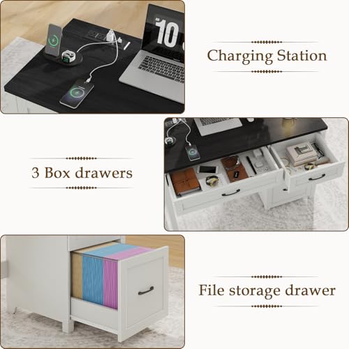 Vabches Farmhouse 47" Computer Desk with 4 Drawers, Black | Executive Desk with File Drawer and Charging Station, Workstation for Home Office, Study - color: Black With Charging Station