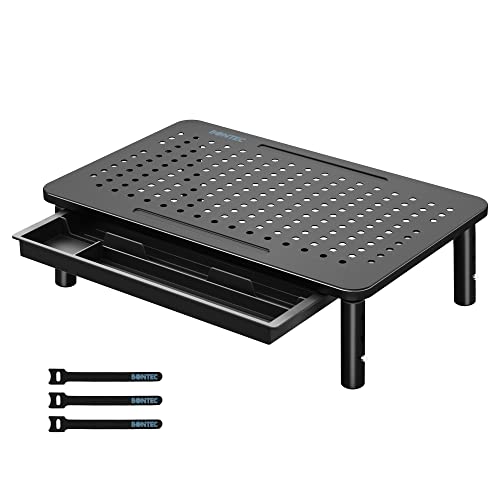 BONTEC 1 Pack Adjustable Monitor Stand Riser with Drawer, Ergonomic Mesh Platform Computer Monitor Stand for Desk, Ventilated Laptop and PC Stand with Cable Management, Supports up to 44lbs - color: With Drawer - Black, size: 1 Pack