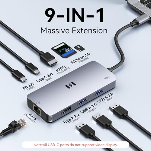 USB C Adapters for MacBook Pro/Air, Selore 9 in 1 USB C Hub with 4K HDMI, 3 * 5Gbps USB 3.1 GEN1 Port, 1Gbps Ethernet, 100W PD, 1*USB 2.0 dongle for Dell, HP and More | 4K@60Hz HDMI, 100W PD, 5Gbps USB-A&USB-C 3.1, Gigabit Ethernet, SD/microSD for MacBook