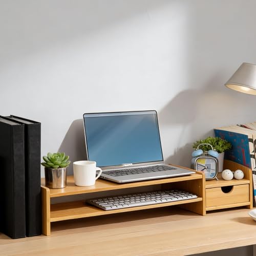 Bamboo 2-Tier Monitor Stand Riser with Drawers, Desktop Organizer for Laptop, Computer, Printer, Cellphone - Reduce Neck & Eye Strain, Office & Home Use