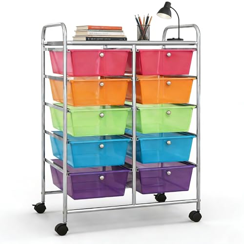 COSTWAY 10 Drawer Rolling Storage Cart, Utility Cart with Lockable Wheels | Mobile Art Supply Craft Organizer with Metal Frame, Multipurpose Drawer Cart for Paper for Office, School, Rainbow - color: Rainbow, size: 10 Drawer