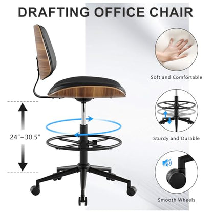 Drafting Chair with Adjustable Footrest, Rolling Walnut Stool, Black - color: Black