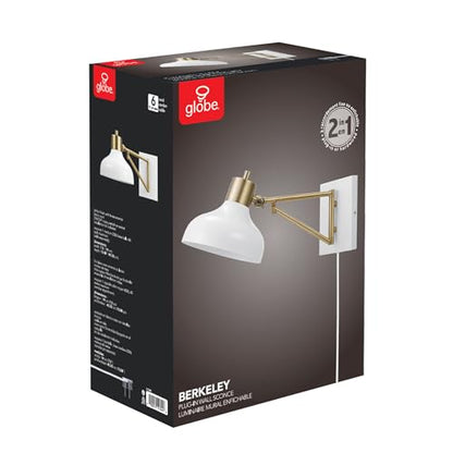 GLOBE Electric 51344 1-Light Plug-in or Hardwire Swing Arm Wall Sconce, White, Brass Accents, White-Cloth Cord, Mounted Bedside Lamp, Kitchen Sconces Wall-Lighting, Bulb Not Included (Pack of 2) - size: 5.75" (Pack of 2)