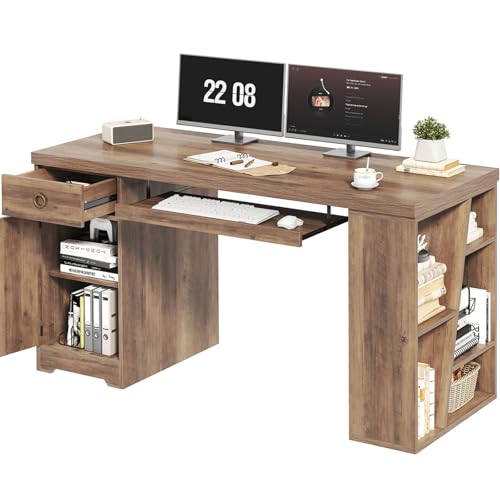 HSH 55" Computer Desk,Farmhouse Home Office Desk Keyboard Tray Rustic Oak | Executive Wood Work Study Writing Pc Table Studio Desks with Storage Drawers Wooden Workstation with Shelves and Cabinet - color: Rustic Oak