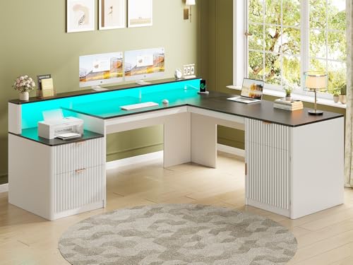 SEDETA 66" Modern L Shaped Desk with Drawers, Fluted Home Office Desk with File Cabinet and Printer Shelf, Wood Executive Desk with Monitor Stand, Led Lights, Power Outlets, White - color: White, size: L Shaped Desk