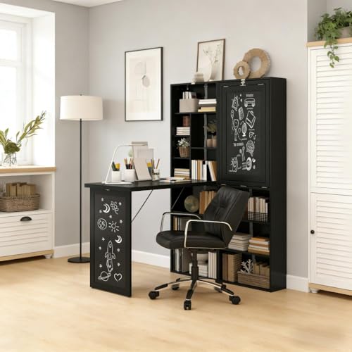 Folding Wall Mounted Murphy Desk with Storage & Bookcase(Black) | Expandable Hidden Computer Desk with Blackboard, Foldable Space Saving Office Table Pull Out Murphy Table for Small Spaces - color: Black
