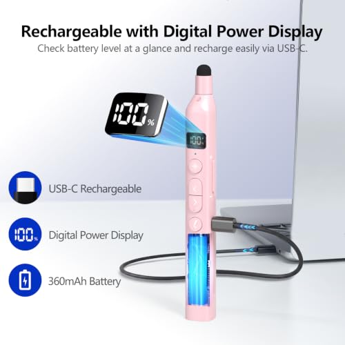 N21 Bluetooth Presentation Clicker for PowerPoint with Retractable Pointer | ①Laser Pointer②Telescopic touch pen③Countdown timer, vibration alert ④Customizable Button ⑤Rechargeable;battery level display - color: Pink - Red Pointer