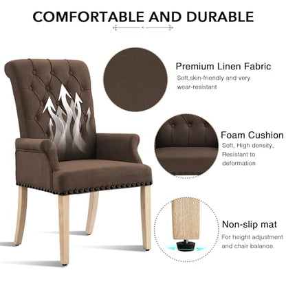 LOULENS Linen Dining Chair with Arms, Tufted Dining Room Chairs, Brown | Solid Wood Legs, Nailhead Trim, Accent Chair, Kitchen Chair - color: Brown-a, size: 1 PCS