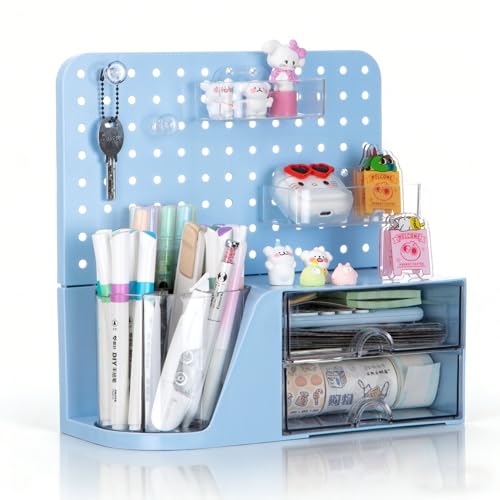 Comix Desk Organizer with 2 Drawer, Blue 360° Rotating Pen Holder for Desk | Desk Organizers and Accessories with 5 Slots Pencil Holder+Pegboard+Drawer, Pen Organizer for Home School Art Office Supplies - color: Blue