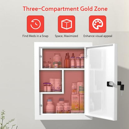 Locking Medicine Cabinet Wall-Mount: Storage Cabinet with Combination Lock & Key - White Metal First Aid Kits for Family Safety and Childproofing