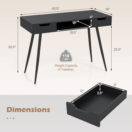 Tangkula Mid Century Modern Computer Desk | Writing Desk with 2 Drawers & Open Center Storage, Small Wooden Study Table for Home Office & Compact Spaces (Black) - color: Black