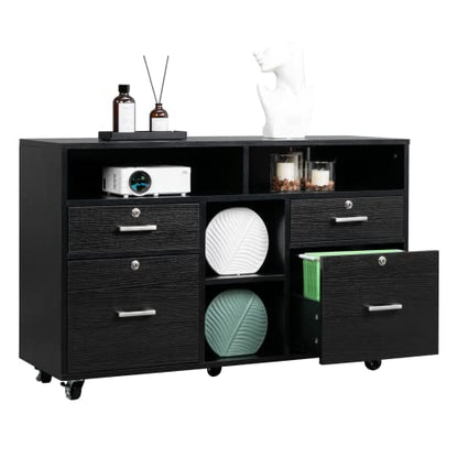 VINGLI Wood Mobile File Cabinet with 4 Drawers and Shelves, Printer Stand with Open Storage, Locking Lateral Filing Cabinet for Home Office, Black - color: Black