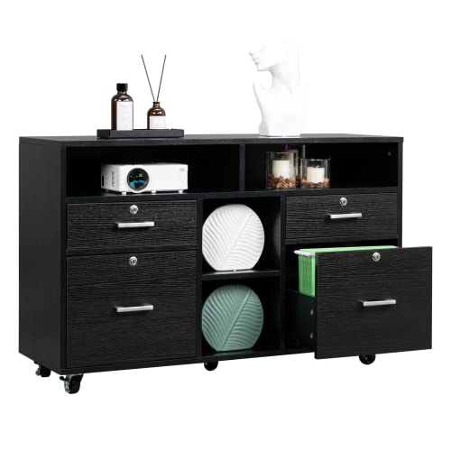 VINGLI Wood Mobile File Cabinet with 4 Drawers and Shelves, Printer Stand with Open Storage, Locking Lateral Filing Cabinet for Home Office, Black - color: Black