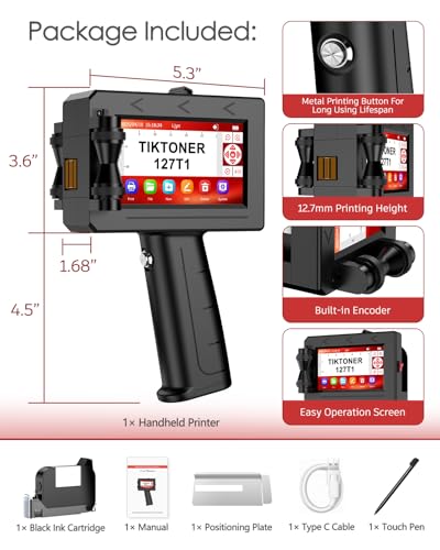 127T1 Handheld Inkjet Printer - Portable Handheld Printer for Text/Logo/QR Code/Barcode/Date/Batch Number/Serial Number, Inkjet Coding Machine for Cardboard/Metal/Plastic/Ceramic/Wood/Fabric