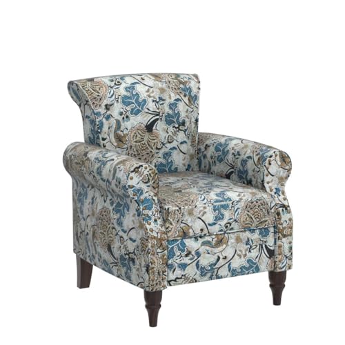 HULALA HOME Traditional Floral Accent Chair with Solid Wood Legs, Green | Comfy Upholstered Armchair Reading Chair with Rolled Armrests, Nailhead Trim, Removable Cushion, for Living Room Bedroom - color: Green