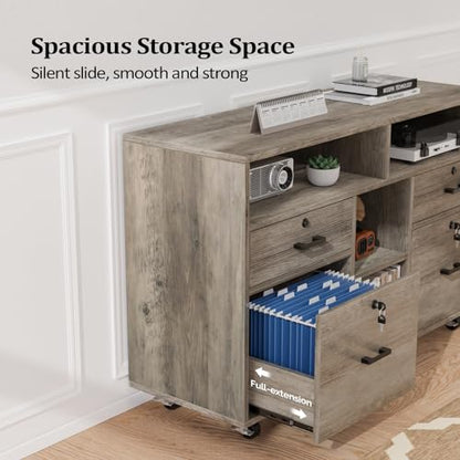 VINGLI Wide 4 Drawer File Cabinet with Lock, Rustic Grey Rolling File Cabinet with Open Shelves, Lockable Printer Stand, Letter Sized - color: Rustic Grey